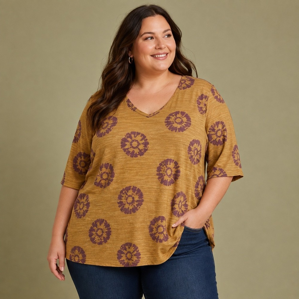 Wonderly Mustard Medallion Kimono Sleeve Tunic Top Women's 3X Plus Coquette Boho
